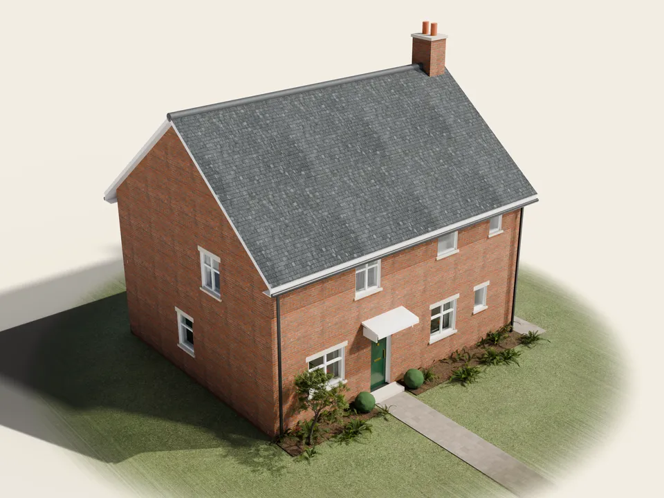 The sample five bedroom HMO from outside: a two-storey red brick house with a grey slate roof, white windows, a green front door with a canopy and a small front garden.