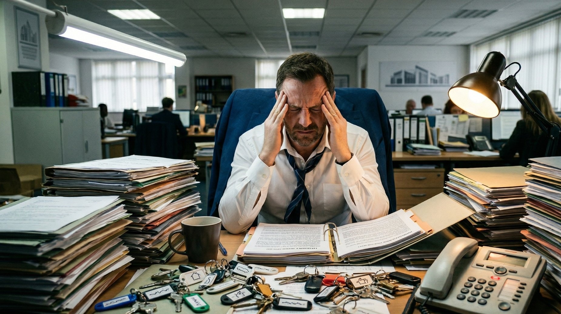 Overwhelmed letting agent surrounded by paperwork and property keys